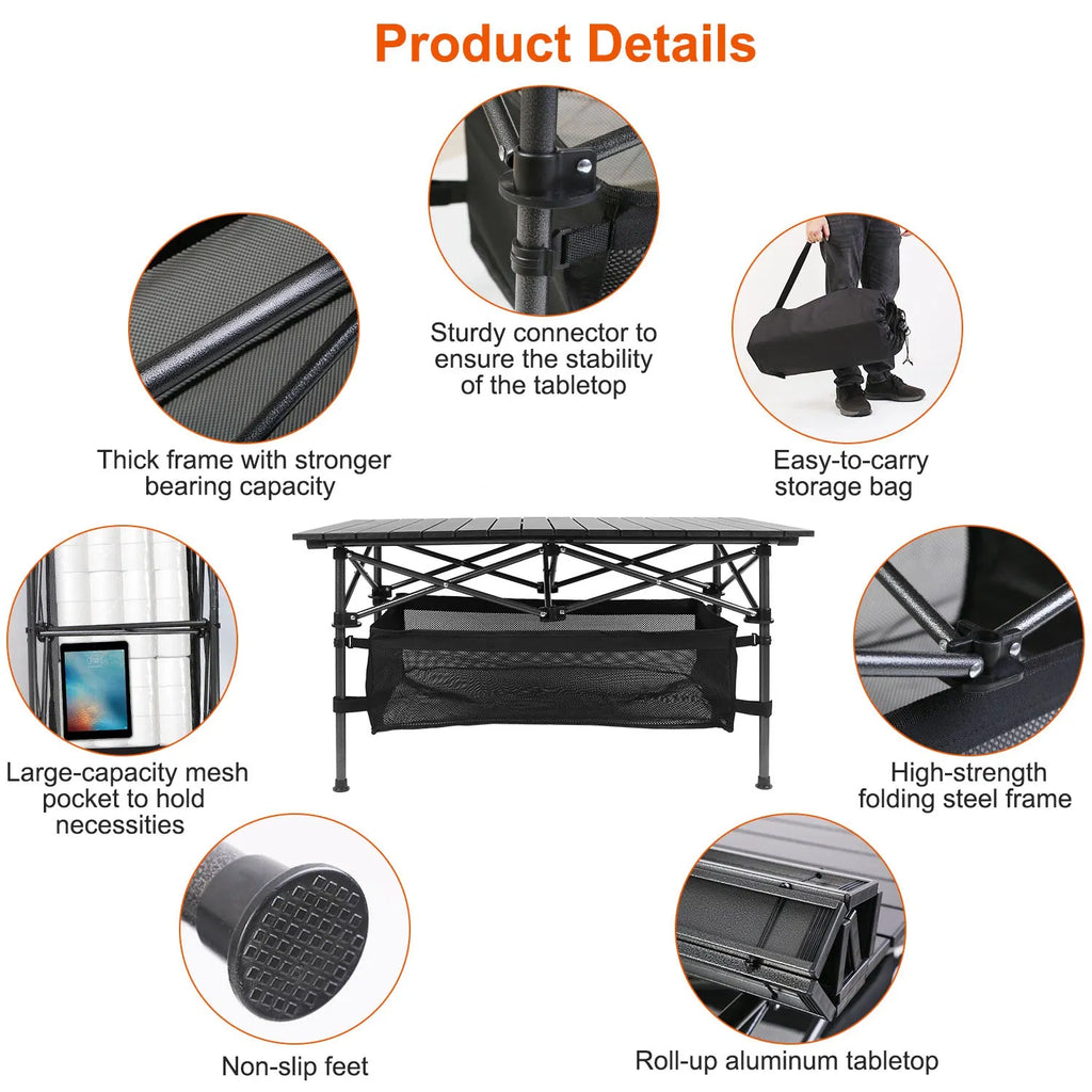 Folding camping table with roll-up aluminum tabletop, non-slip feet, and mesh pocket