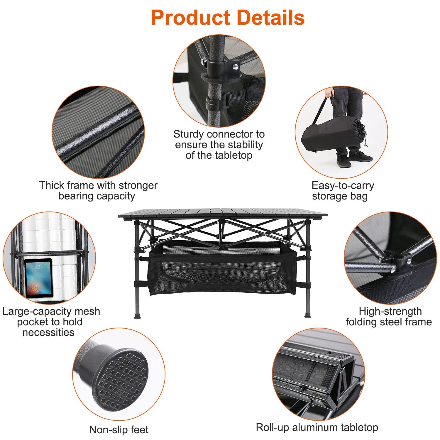 Folding camping table with roll-up aluminum tabletop, non-slip feet, and mesh pocket
