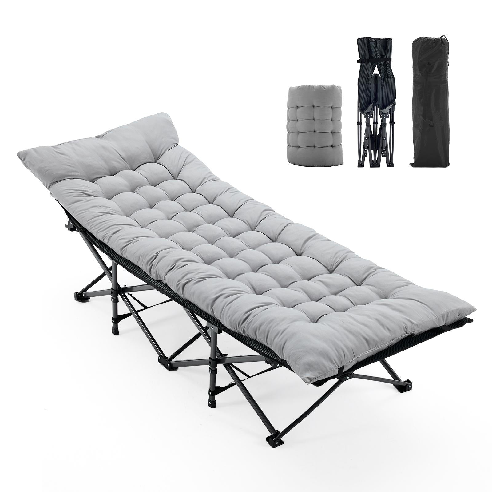 Foldable camping bed with quilted mattress, gray fabric, steel folding legs