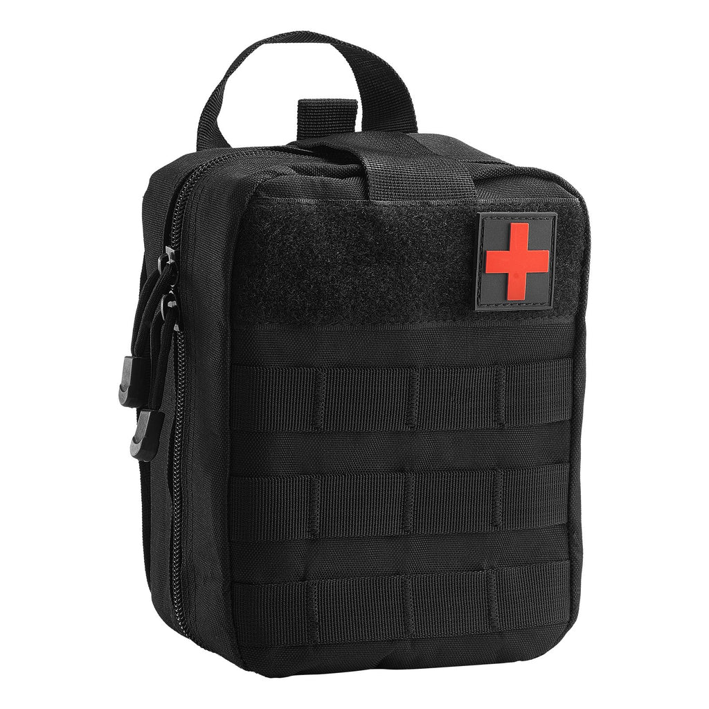 Black first aid kit bag with red cross patch and webbing front organizer panels