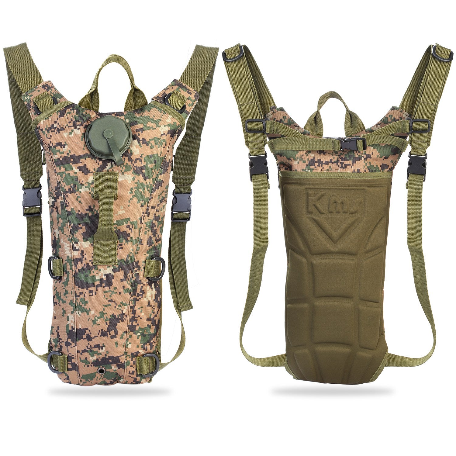 Two-tone camo hydration backpack with bladder pouch, webbing shoulder straps, and front buckles