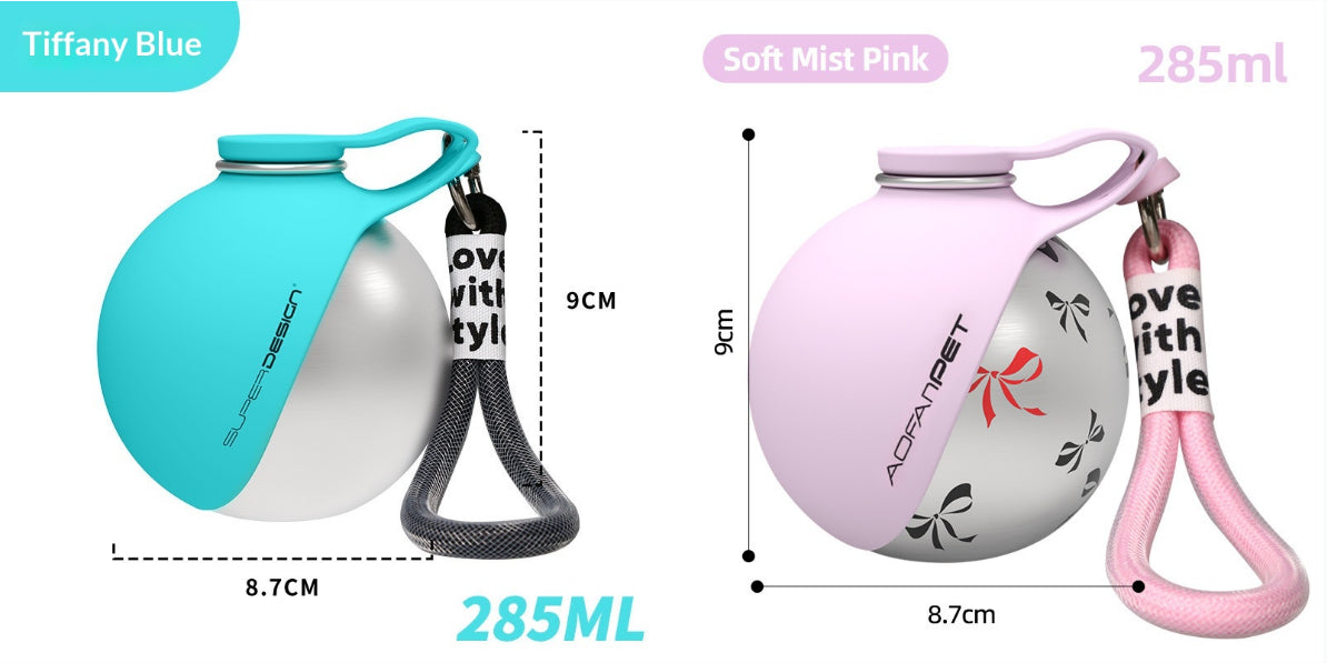 Two stainless steel pet water cups: Tiffany blue and soft mist pink, each with handle and waste bag dispenser.