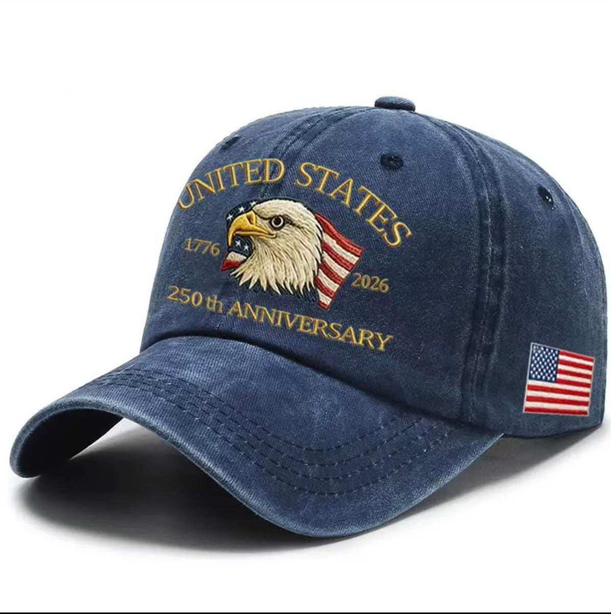 Washed canvas dad hat in navy with “United States” eagle anniversary graphic and flag patch