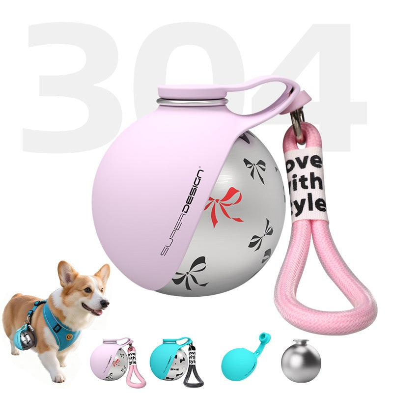 Soft mist pink stainless steel pet water cup with floral graphic, handle, and waste bag dispenser.