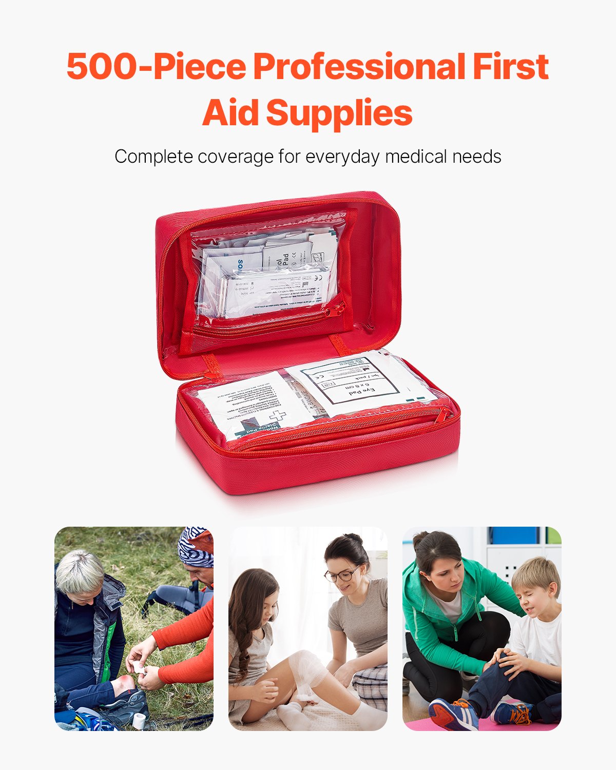 Open red first aid kit case with transparent pouch and medical paperwork
