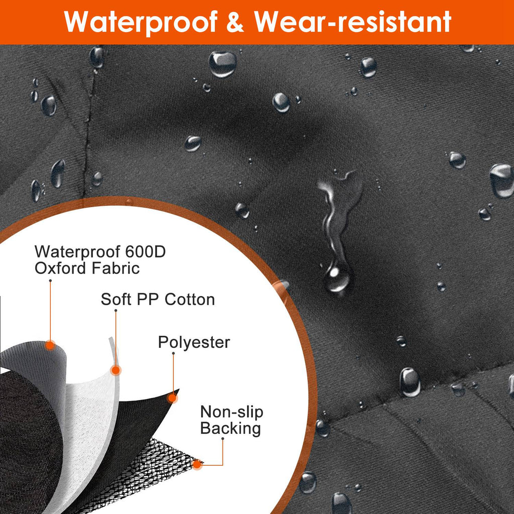 Black quilted waterproof fabric with water droplets and non-slip backing
