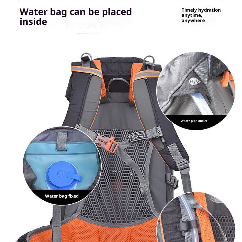 Hiking backpack with water bag sleeve and water pipe outlet detail