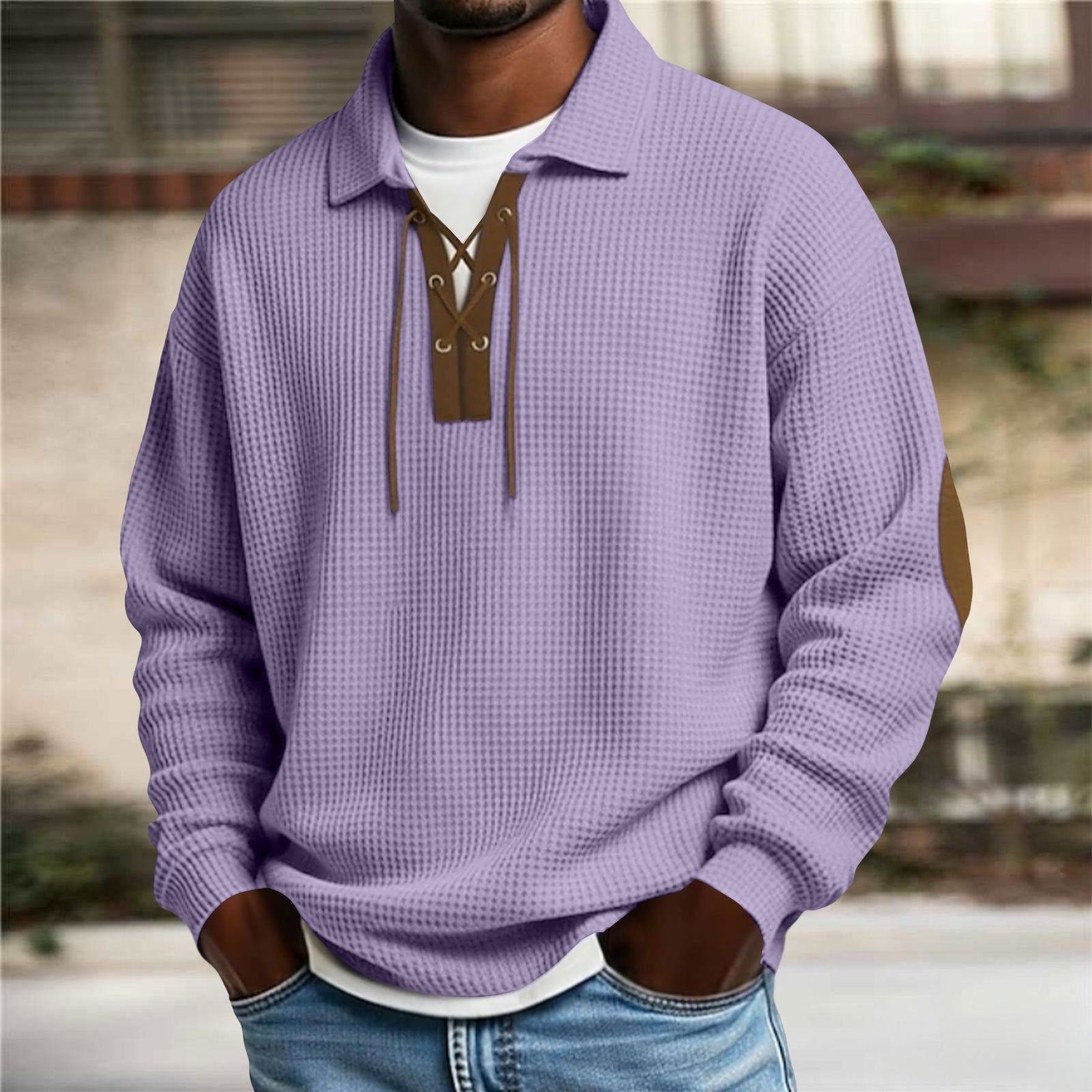 Men's oversized knit sweatshirt, lavender collared hood with drawstrings