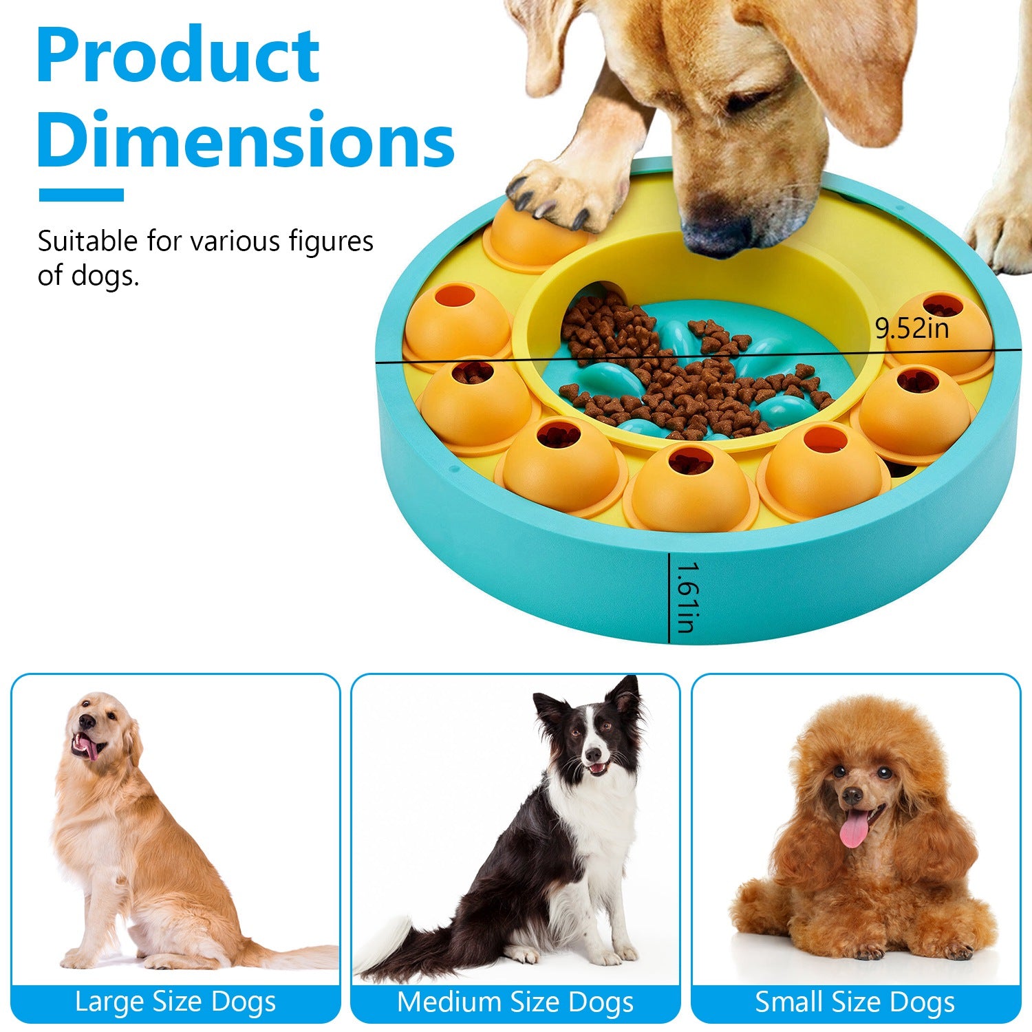Teal slow-feeder dog bowl with yellow rotating treat wells and green paw center