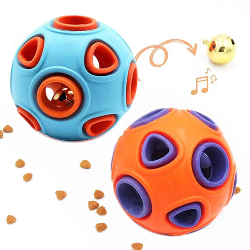 Blue and orange rubber bell toy ball pair with three circular paw openings