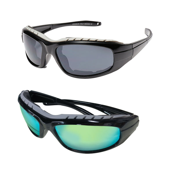 Motorcycle riding glasses with black frames and gray and mirrored lenses