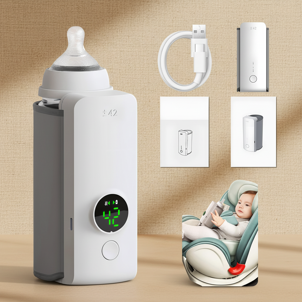 Baby bottle warmer with USB charging cable and accessories shown for portable use