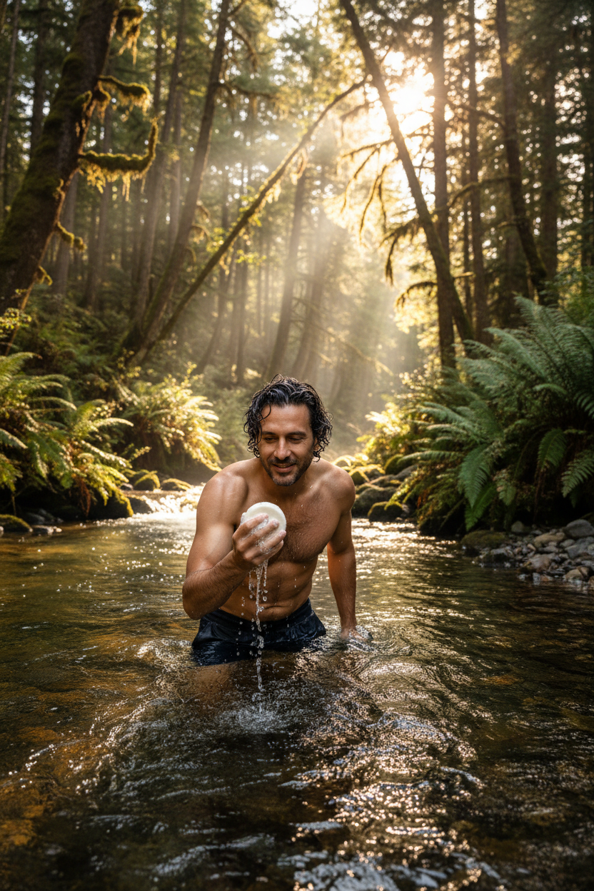 Shampoo bar promotion showing man washing hair in stream