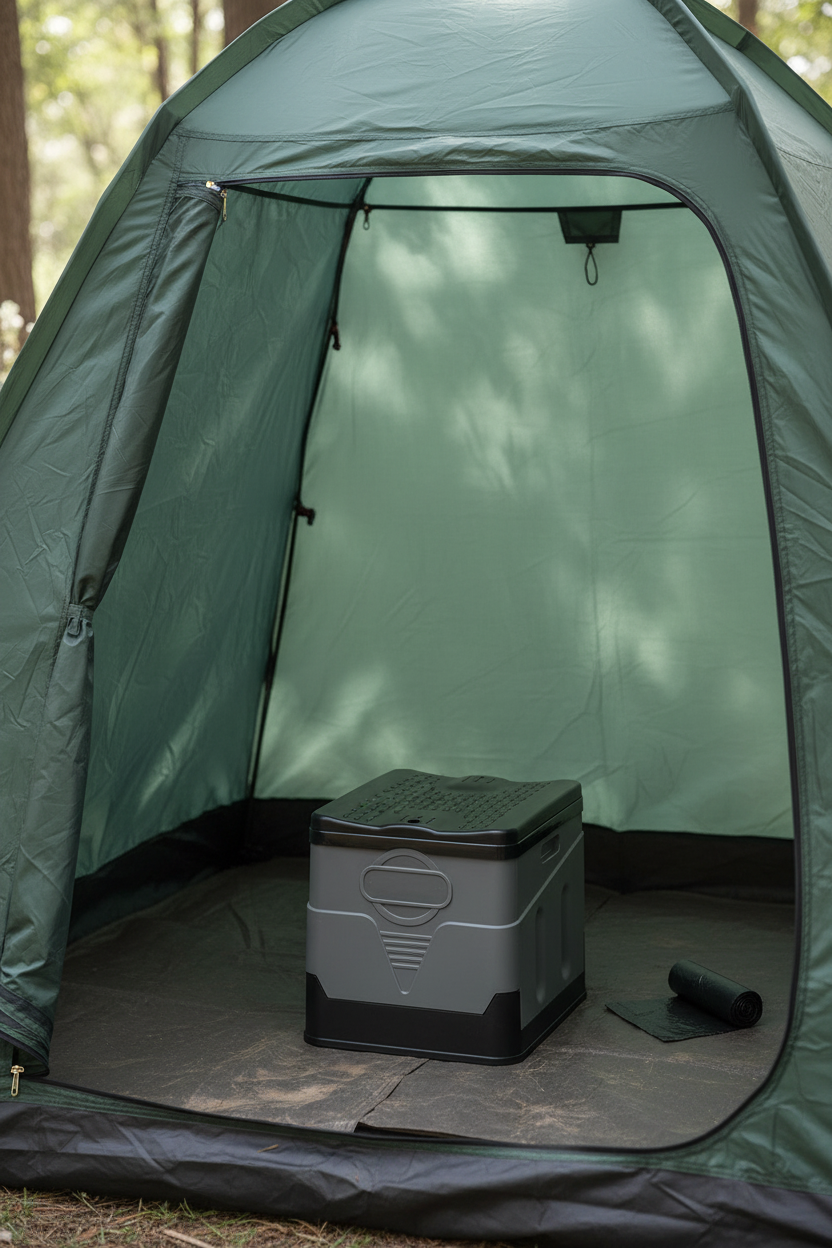 Grey foldable portable toilet inside a camping tent, with vented lid and trash bag roll