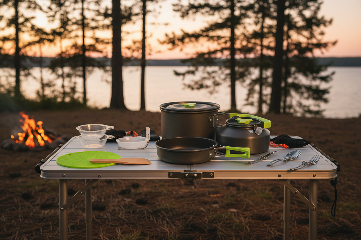 Outdoor camp cookware set with black pots and green-lidded pan, utensils, and cutting board