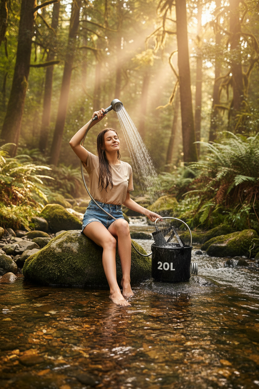 Outdoor shower kit with 20L bucket and spray shower head, releasing water outdoors