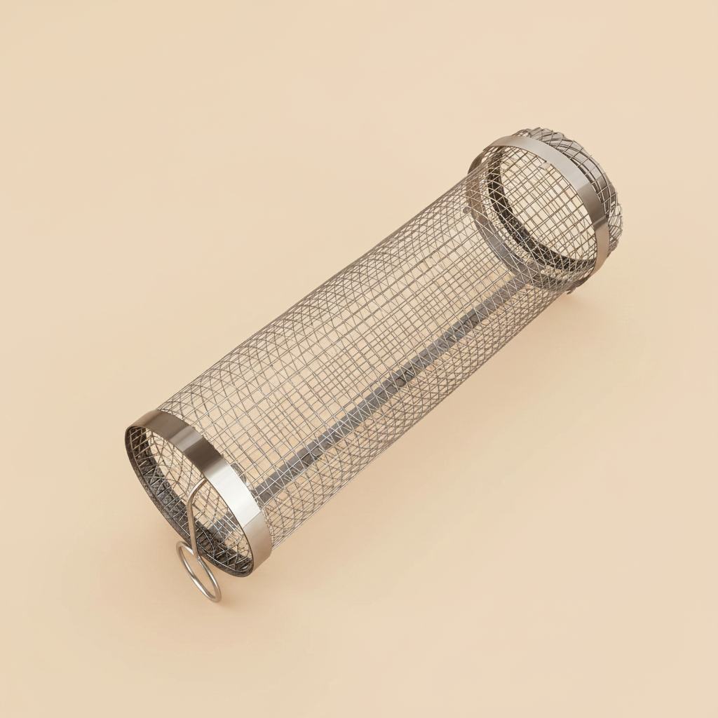 Round stainless steel BBQ grill basket with wire mesh cylinder and side hook