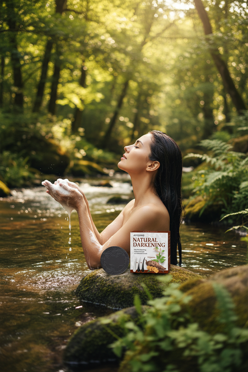 Hair shampoo bar and Natural Darkening box beside a person in a river