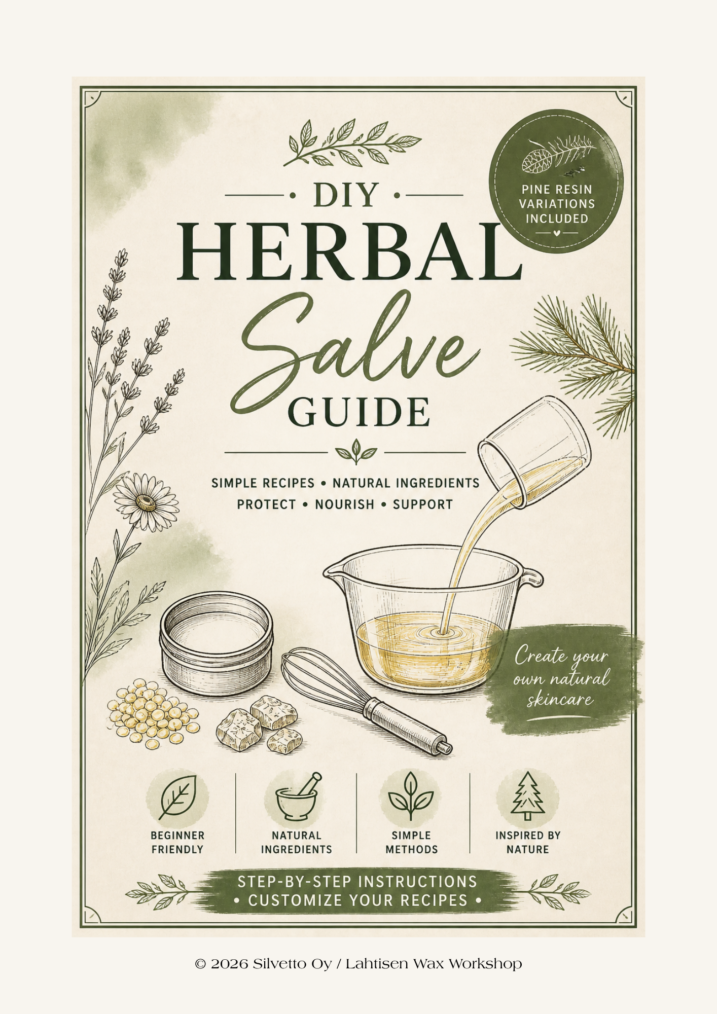 Herbal salve guide booklet with DIY cover and herb-and-salve illustrations