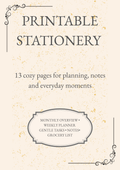 Printable stationery bundle cover page with decorative typography and labeled planner sections