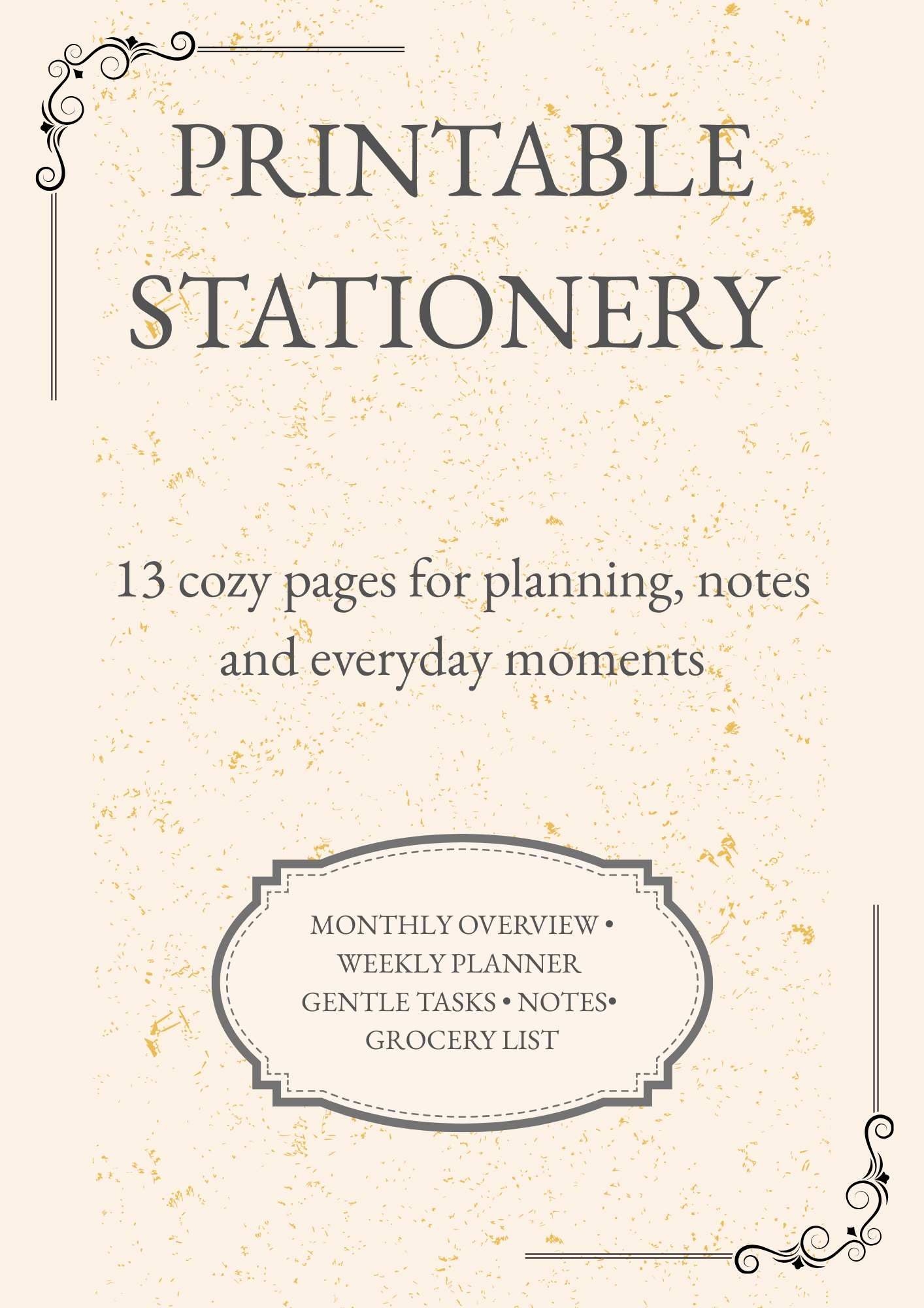 Printable stationery bundle cover page with decorative typography and labeled planner sections