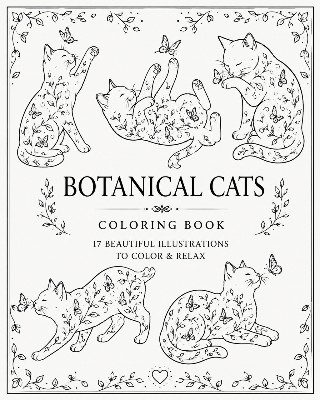 Coloring book cover with botanical cat line drawings and decorative borders