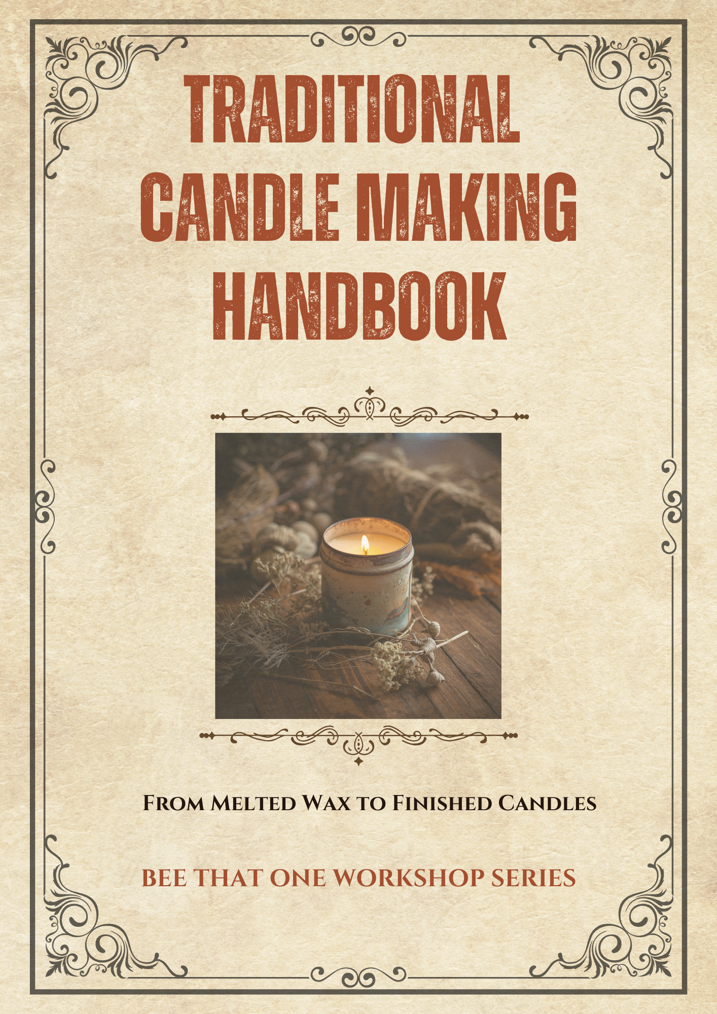 Traditional candle making handbook book cover with candle photo and ornate lettering