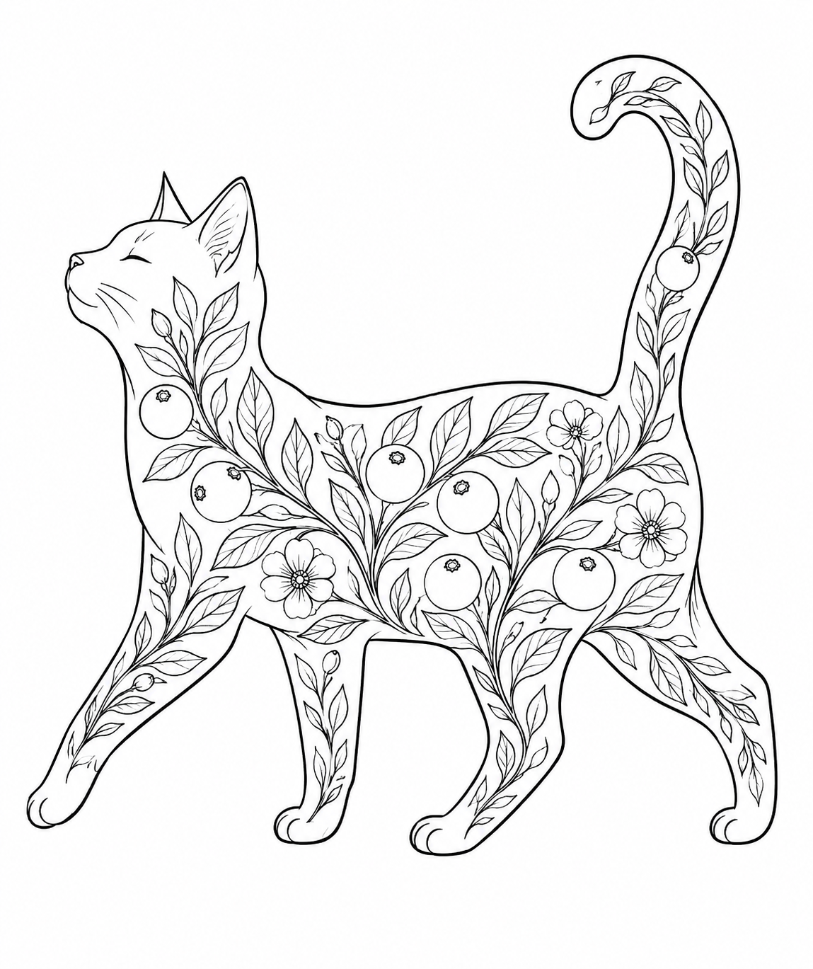 Coloring book cat outline illustration with floral botanical patterns