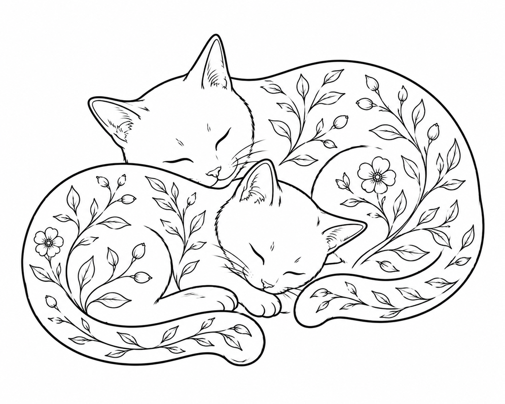 Coloring book page showing two cats sleeping with floral botanical details