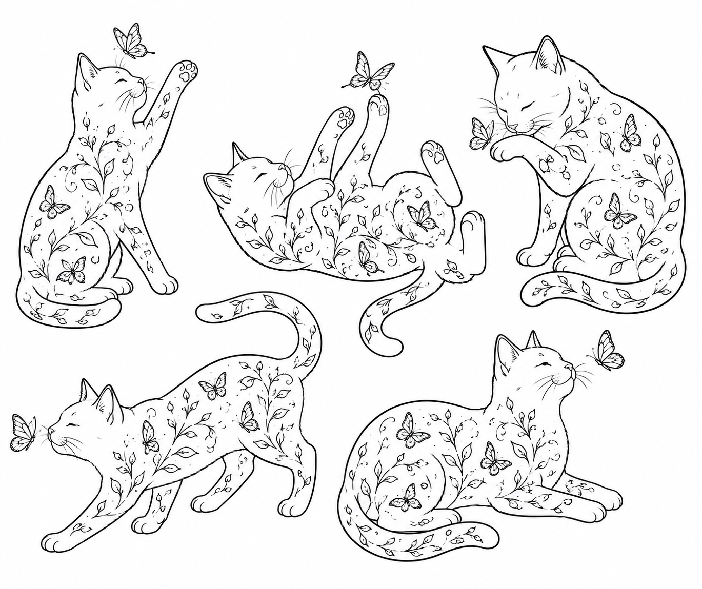 Coloring book page with six botanical cat line art figures