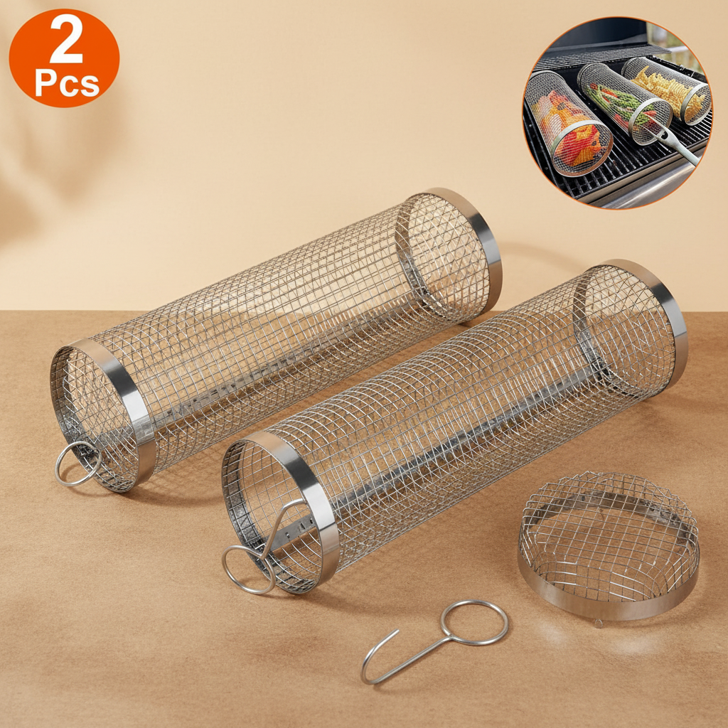 Stainless steel round grill basket set with two wire cylinders and lifting hooks