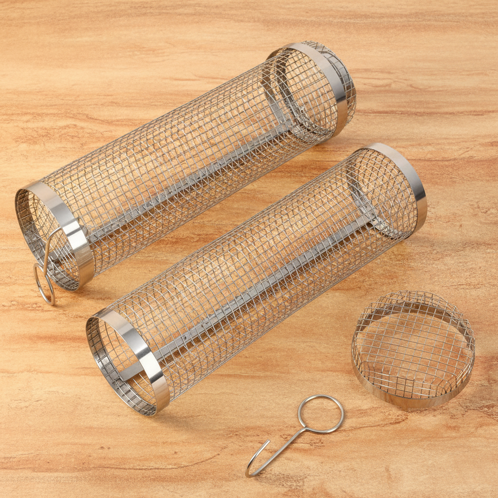 Two round stainless steel grill baskets with wire mesh cylinders and hook handles