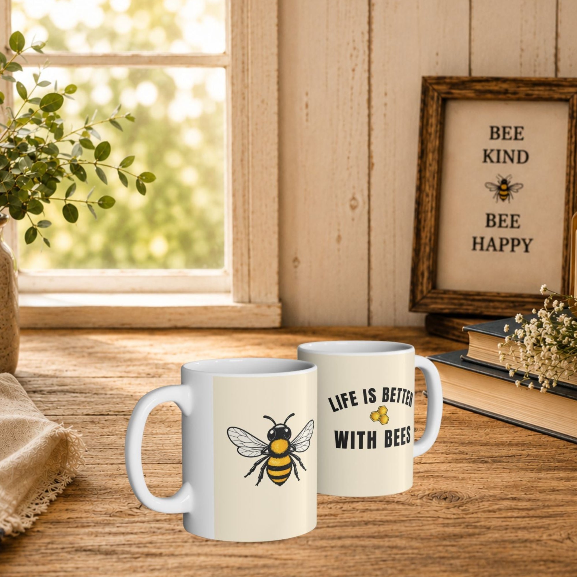 Two cream ceramic coffee cups with bee and "Life is better with bees" text