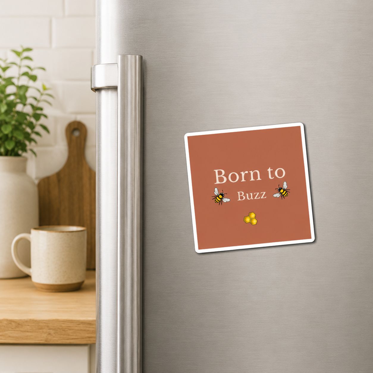 Square magnet with rust card, 'Born to Buzz' lettering and bee icons