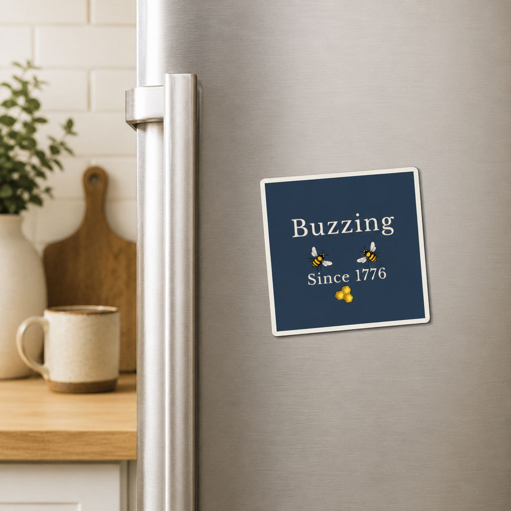 Bee refrigerator magnet with dark blue square "Buzzing Since 1776" design