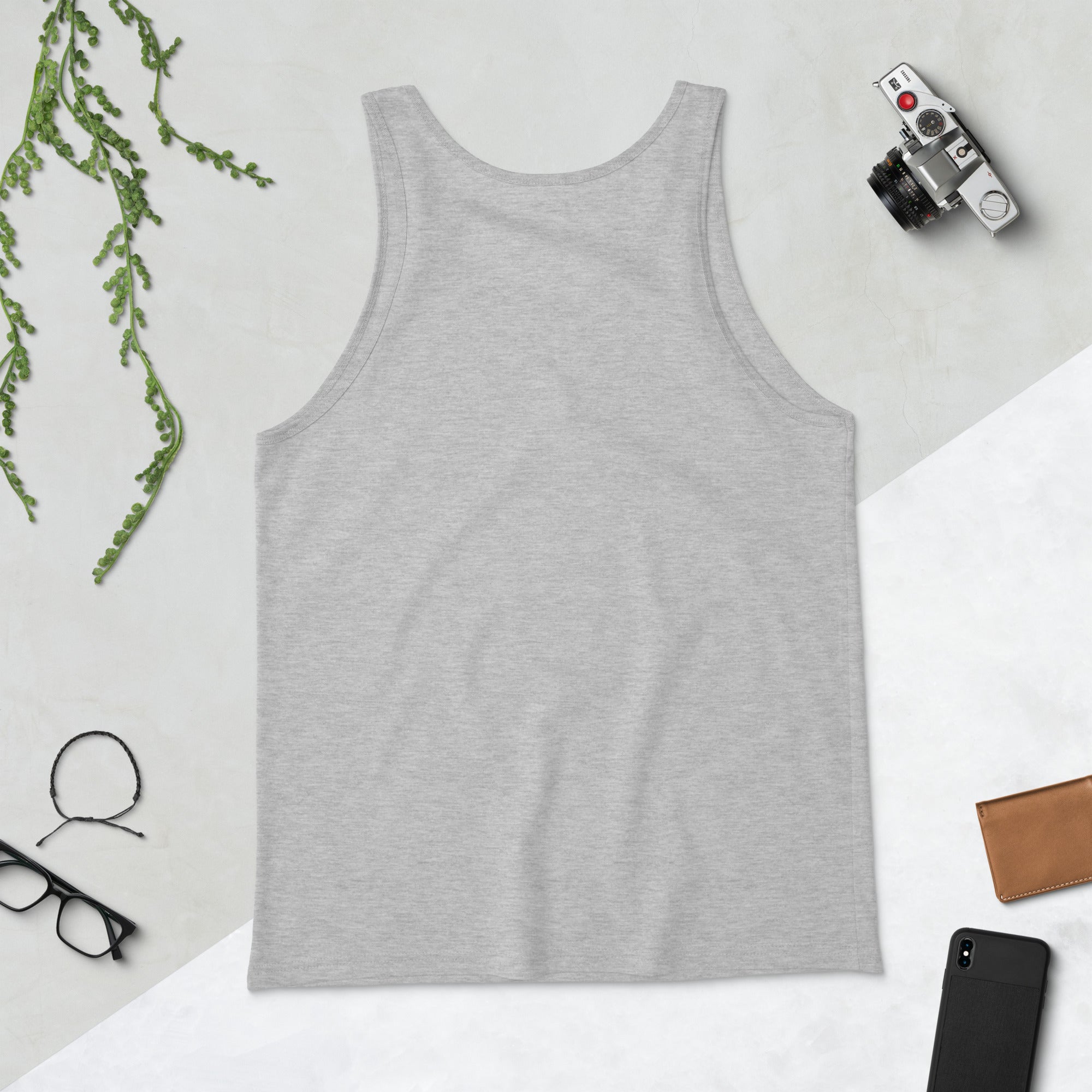 Heather gray sleeveless tank top with wide round neckline
