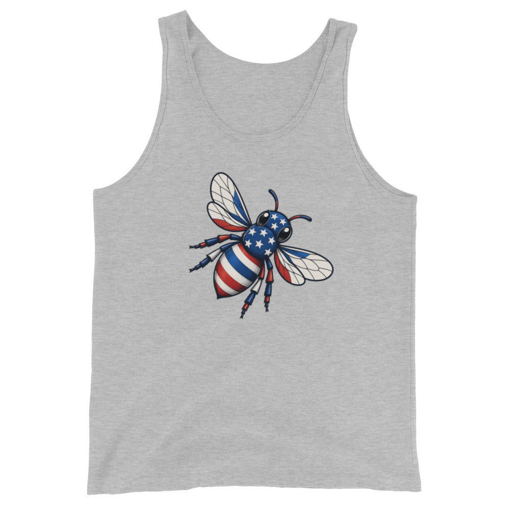 American Bee tank top in athletic heather with scoop neck and patriotic bee graphic