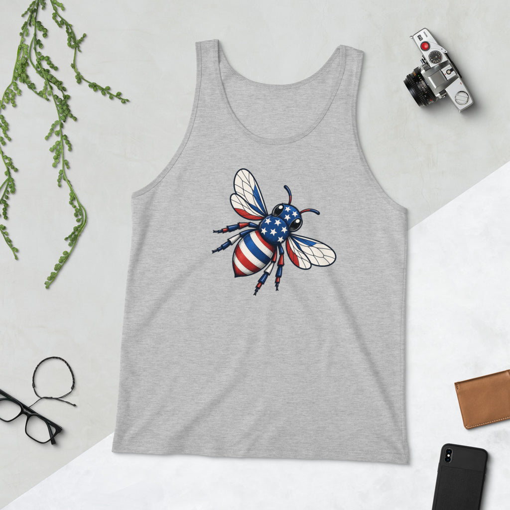 Heather gray sleeveless tank top with scoop neck and American flag bee graphic
