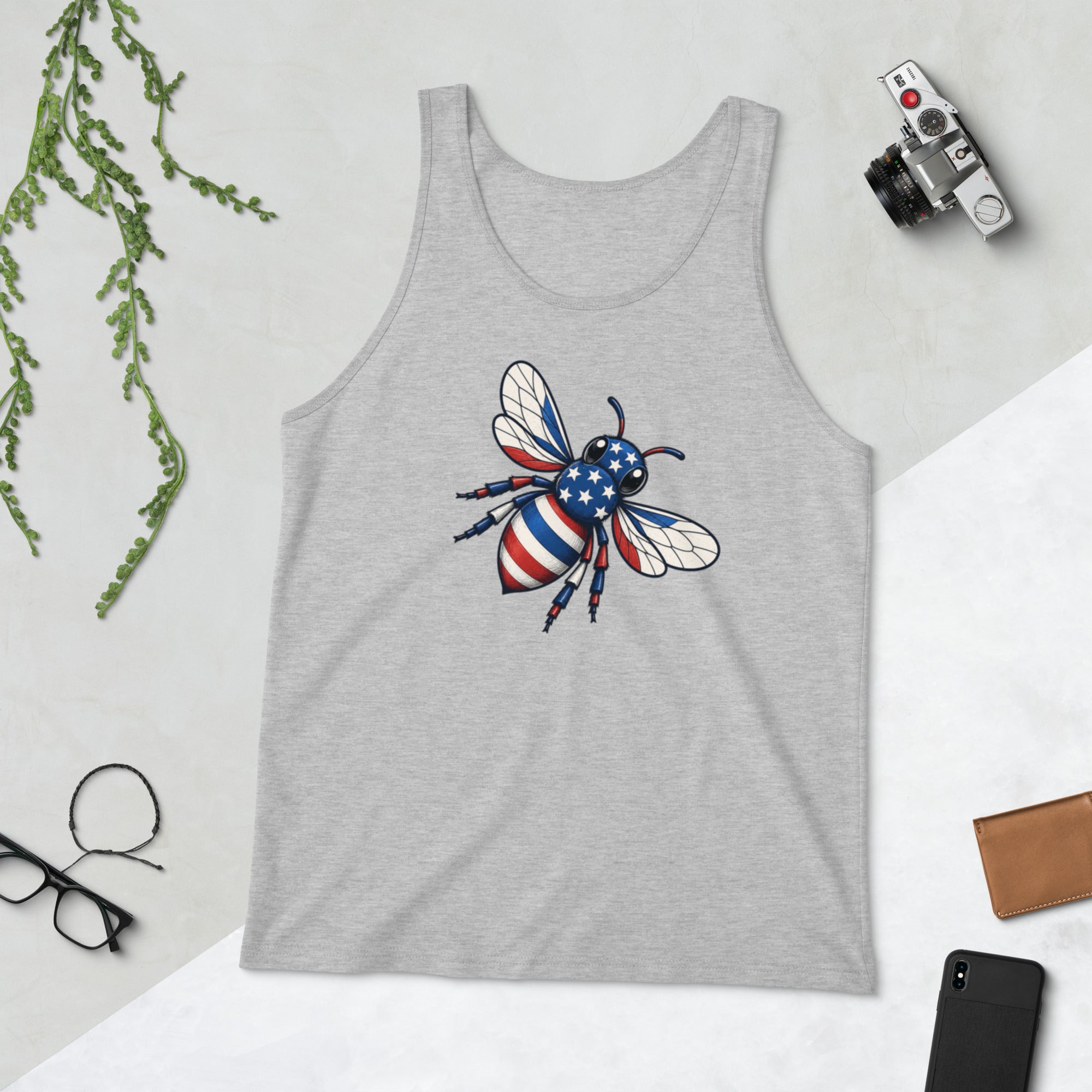Heather gray sleeveless tank top with scoop neck and American flag bee graphic