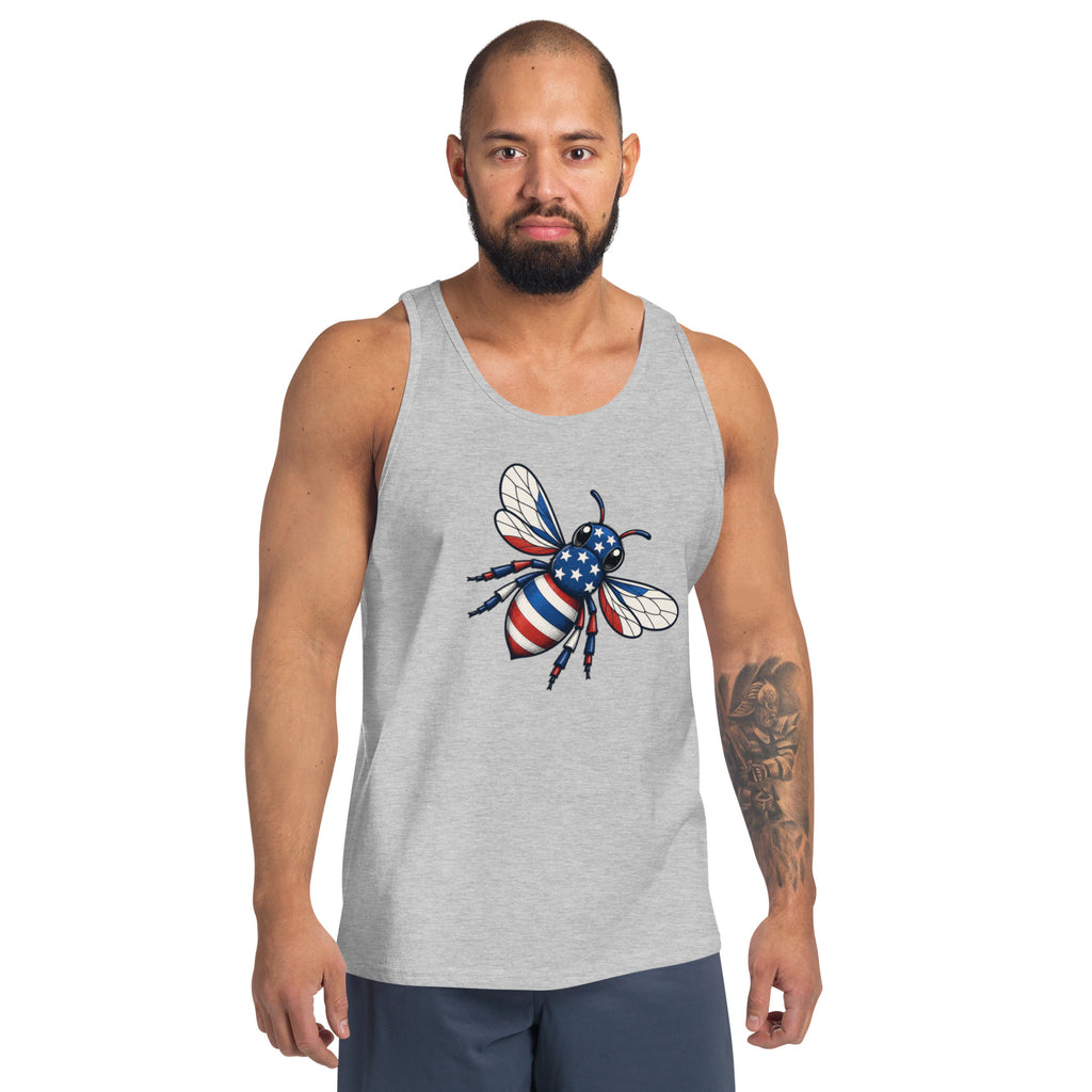 Heather gray tank top with patriotic bee graphic on the front