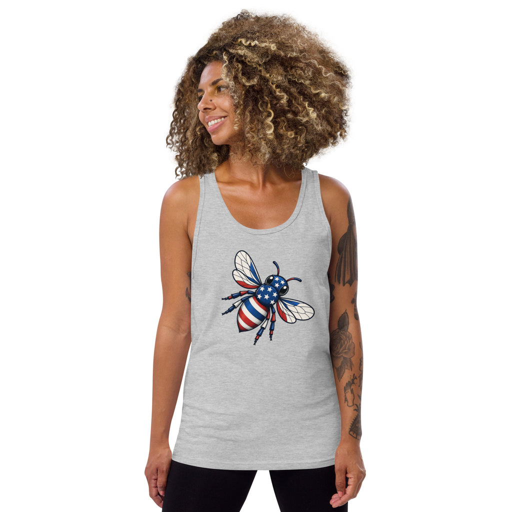 American Bee tank top, heather gray, front graphic with bee and flag details
