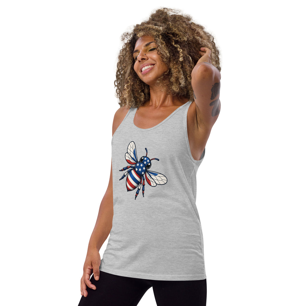 Gray sleeveless tank top with scoop neck and American flag bee graphic