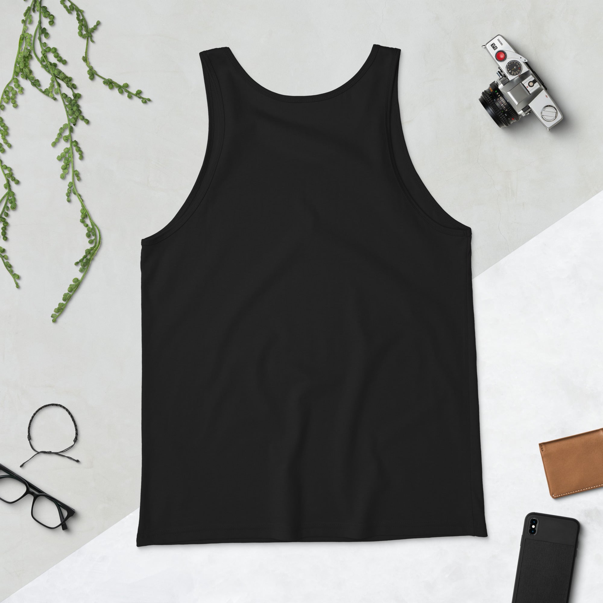 Black sleeveless tank top with crew-style scoop neck