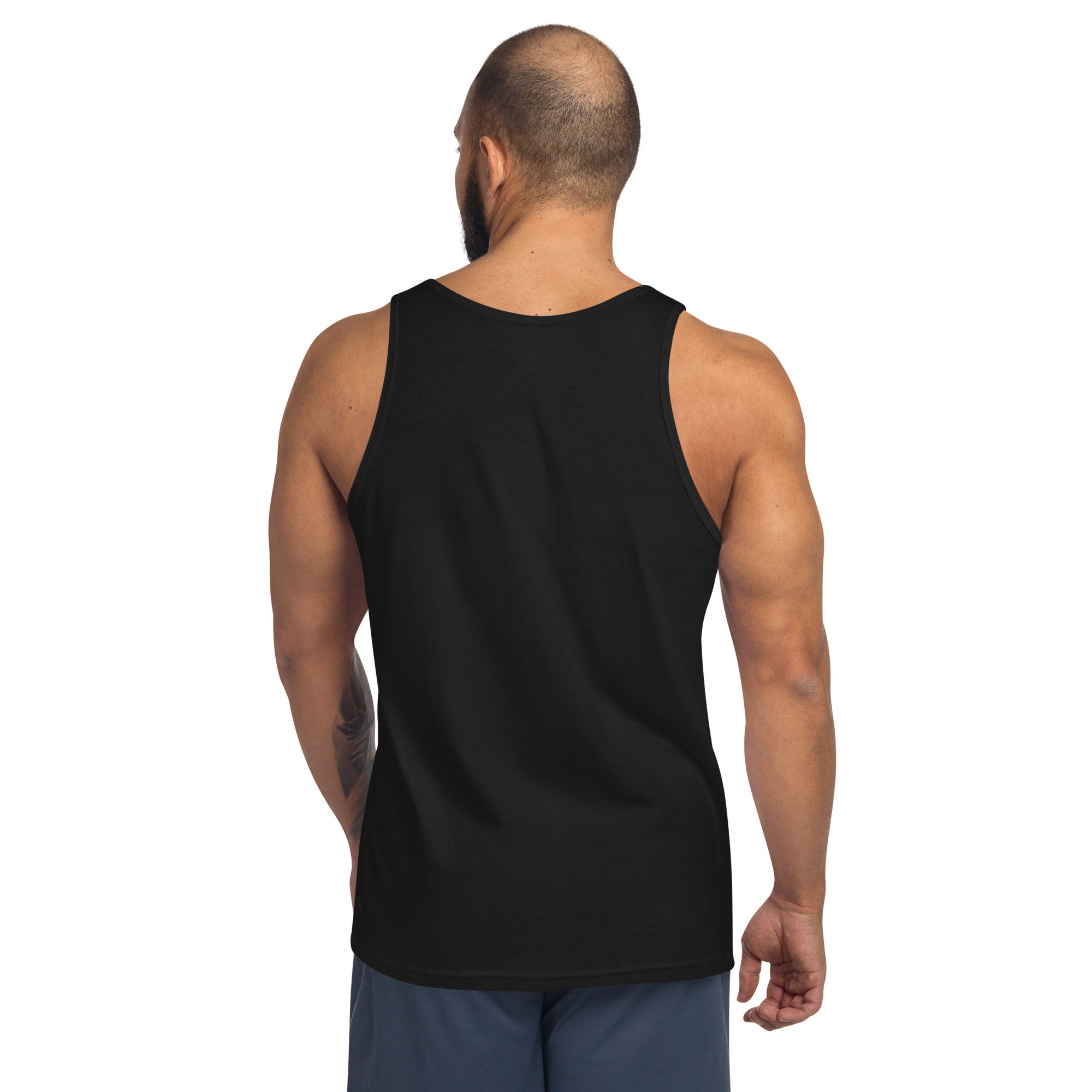 Black tank top back view, sleeveless with crew neckline