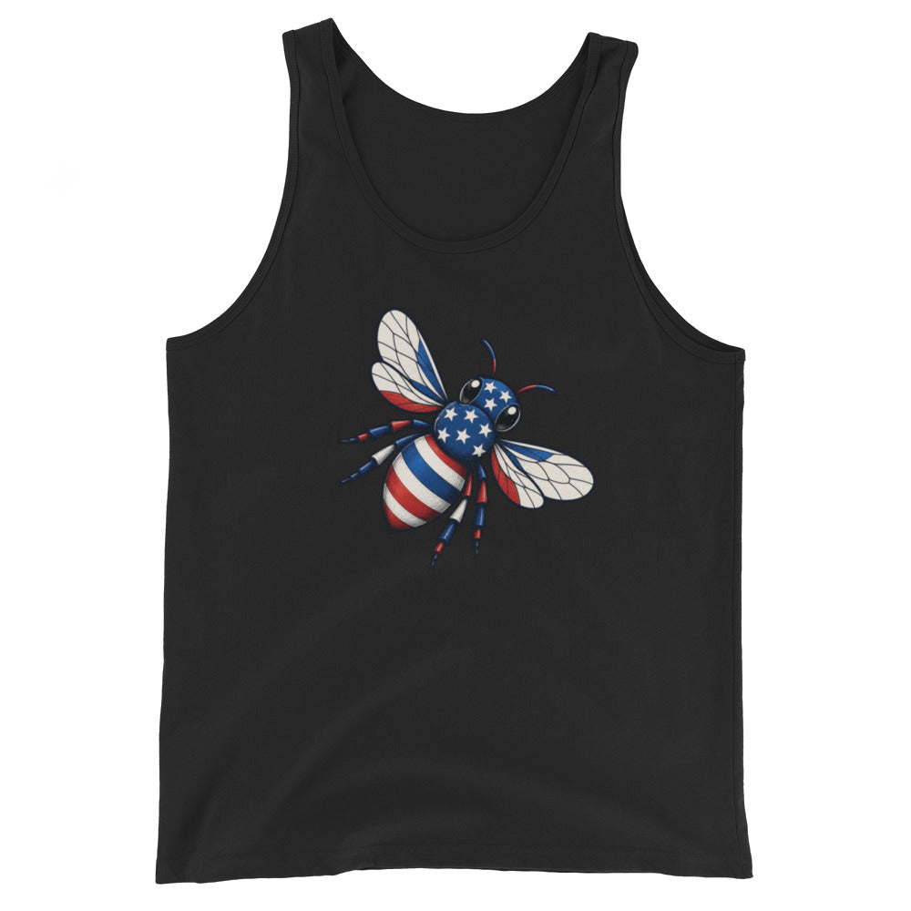 American Bee tank top in black with scoop neck and patriotic bee graphic