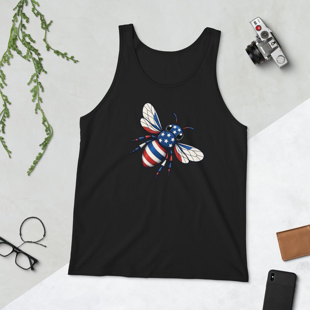 Black sleeveless tank top with scoop neck and American flag bee graphic