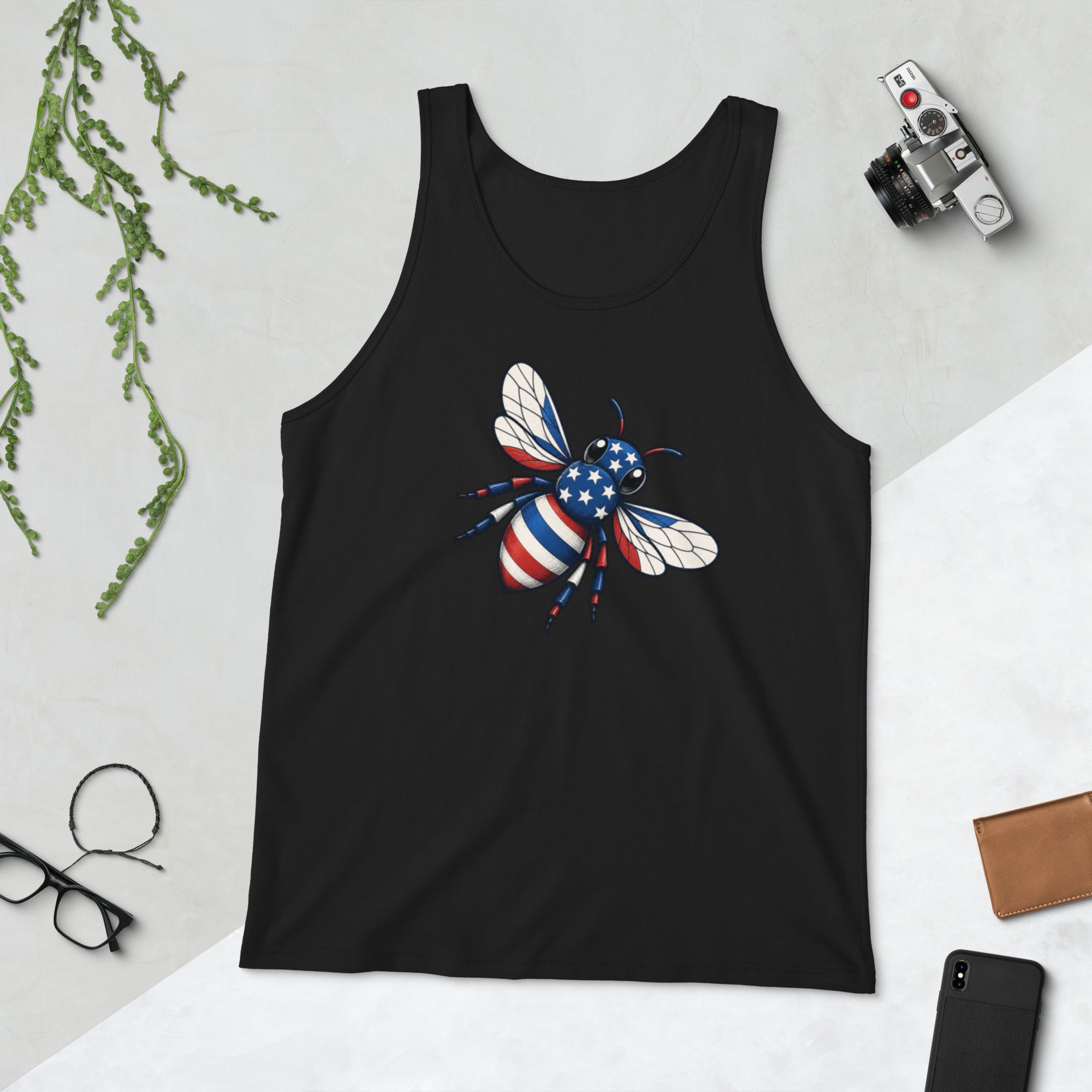 Black sleeveless tank top with scoop neck and American flag bee graphic