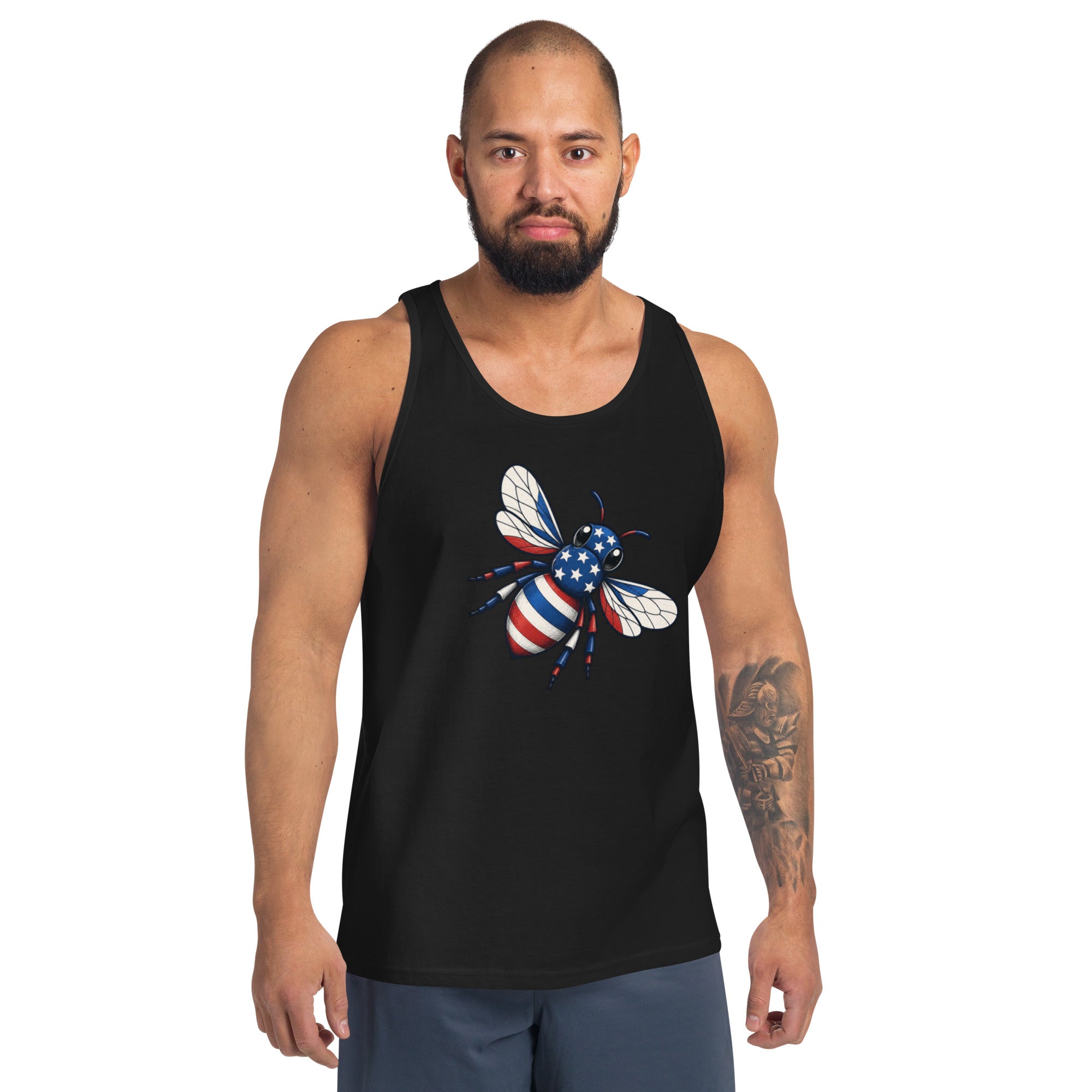 Black tank top with patriotic bee graphic on the front
