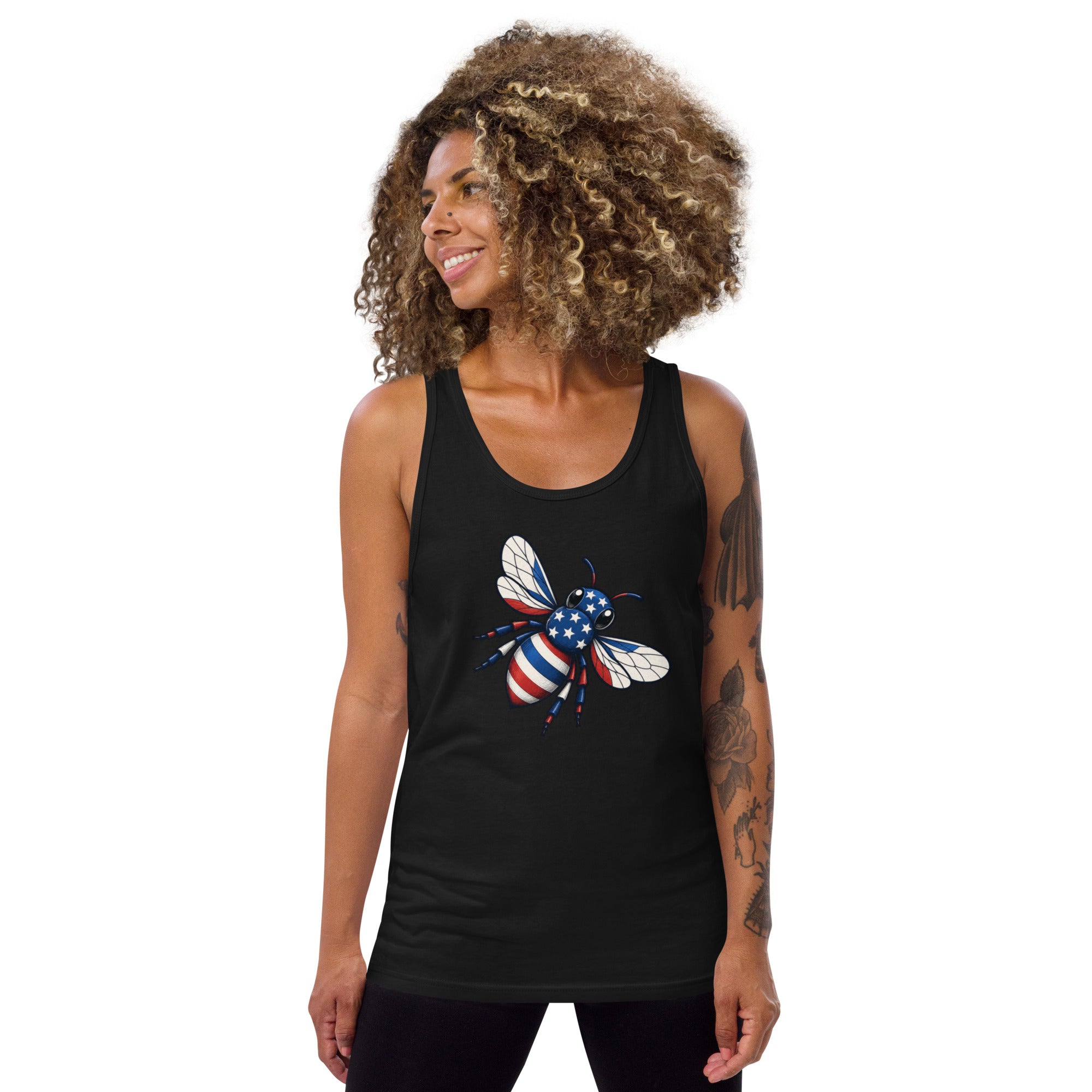 American Bee tank top, black, front graphic with bee and flag details