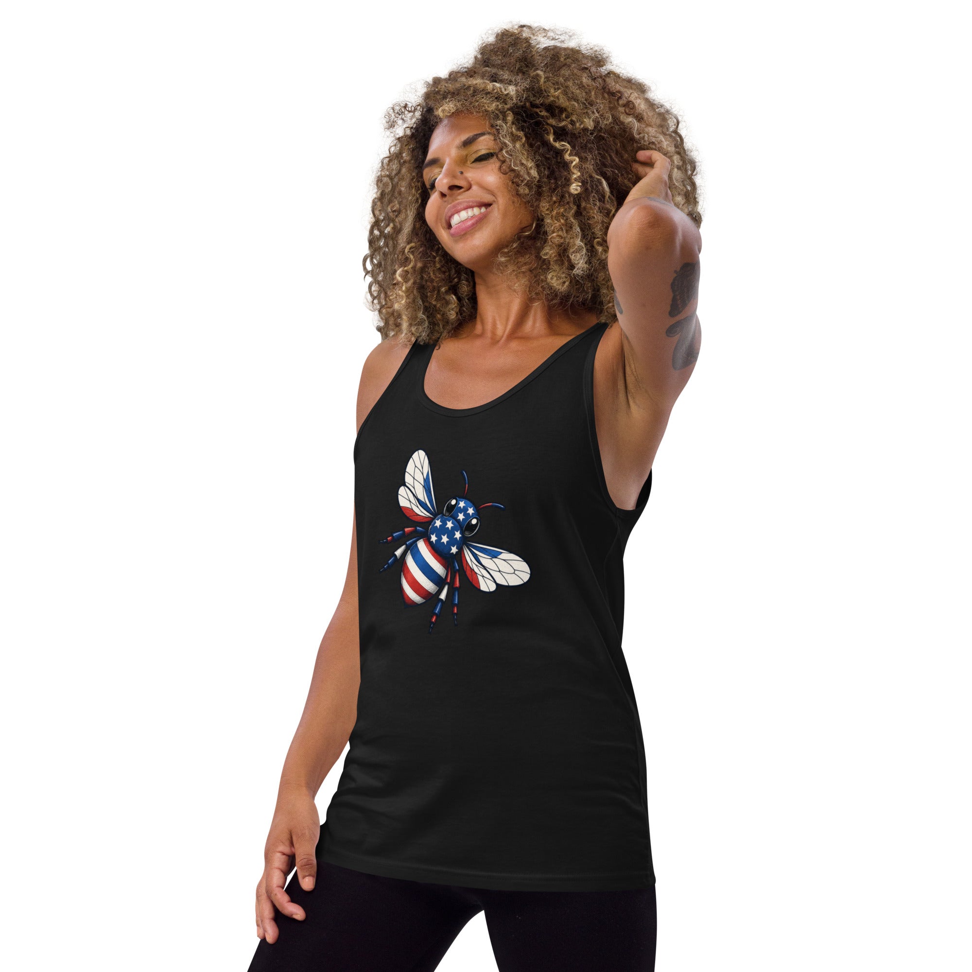 Black sleeveless tank top with American flag bee graphic at center chest
